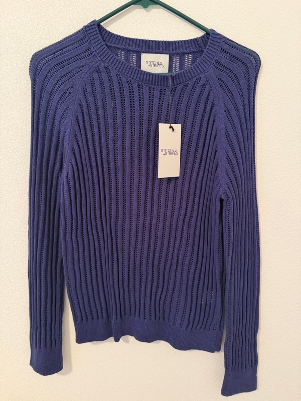 Women's Navy Blue Open-Knit Crewneck Sweater